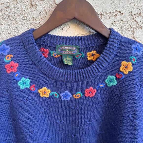 Charter Club Vintage Flower Knit Short Sleeve Sweater Size Medium - Picture 3 of 5